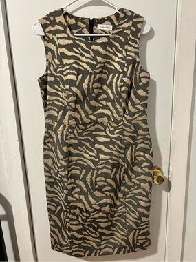 Calvin Klein Olive and Cream Zebra-Print Midi Sheath Dress